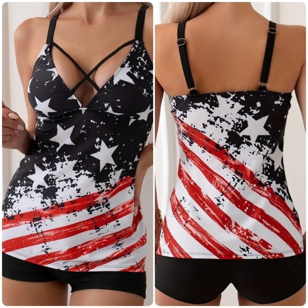 American Flag Stars Stripes Black Red Tankini Set